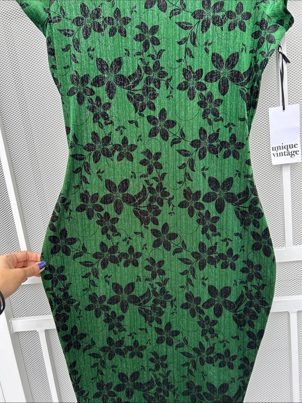 Unique Vintage Emerald Green Floral Sheath Midi Dress - Picture 2 of 6